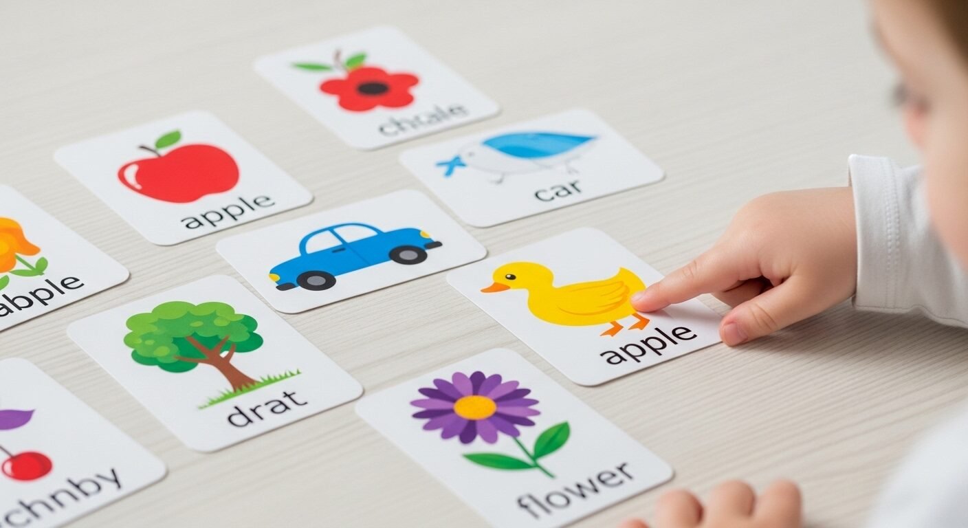 Bàn tay trẻ đang chỉ vào flashcard tiếng Anh sinh động với các từ vựng đơn giản, đặt trên bàn gỗ sáng màu. Đây là một cách dạy trẻ học tiếng Anh hiệu quả và hấp dẫn thông qua hình ảnh.