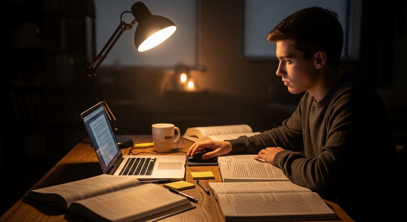 Sinh viên đang tập trung cao độ học bài trên laptop tại bàn gỗ, bên cạnh là sách vở và cốc cà phê. Hành động ở thì hiện tại tiếp diễn này diễn ra trong ánh đèn bàn ấm áp.