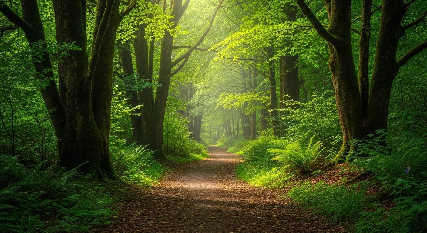 Con đường mòn yên ả uốn lượn trong rừng xanh ngập nắng, gợi mở những suy ngẫm sâu sắc về hành trình cuộc đời và các dấu mốc lịch sử, như khi khám phá tiểu sử Đại tướng Võ Nguyên Giáp.