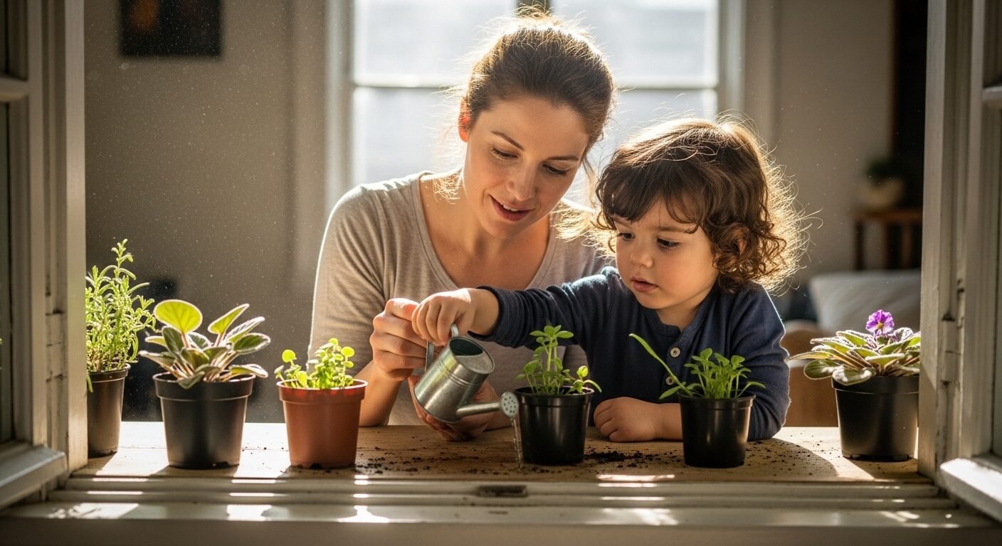 Bố mẹ và con tập trung tưới cây trên bệ cửa sổ, khoảnh khắc dạy con ngoan ngoãn biết nghe lời qua hoạt động chung. Bố mẹ và con tập trung tưới cây trên bệ cửa sổ, khoảnh khắc dạy con ngoan ngoãn biết nghe lời qua hoạt động chung.