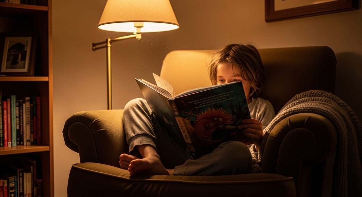 Em bé đang say sưa đọc sách giấy dưới ánh đèn vàng ấm áp dịu nhẹ trên ghế bành thoải mái, tạo không gian yên tĩnh, lý tưởng giúp mắt thư giãn và tránh xa tác hại ánh sáng xanh cho trẻ.