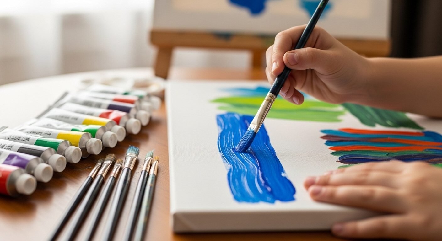 Cận cảnh đôi tay trẻ thơ cầm cọ vẽ nét màu tươi sáng trên toan. Hoạt động sáng tạo giúp bố mẹ giúp con học giỏi toàn diện.