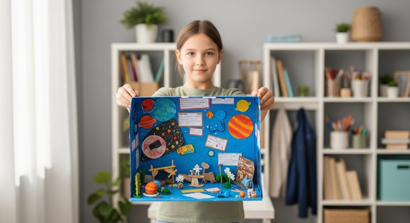 Học sinh tiểu học tự tin trình bày dự án sáng tạo đầy màu sắc. Hình ảnh thể hiện hiệu quả của cách dạy con học giỏi tiểu học, khuyến khích phát triển toàn diện.