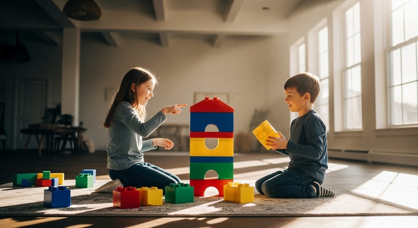Hai trẻ em đang hợp tác chơi xếp hình khối lớn đầy màu sắc trong phòng ngập nắng, phát triển tư duy sáng tạo và kỹ năng tương tác – một trong những cách giúp con học giỏi hiệu quả ngay từ khi còn nhỏ.