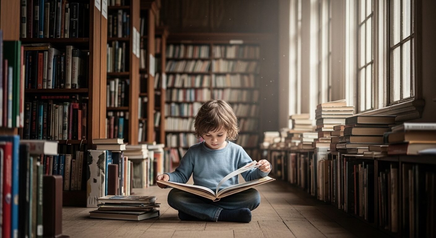 Trẻ nhỏ chăm chú đọc sách trong thư viện đầy nắng với kệ sách cao, minh họa cách dạy con học giỏi hiệu quả. Trẻ nhỏ chăm chú đọc sách trong thư viện đầy nắng với kệ sách cao, minh họa cách dạy con học giỏi hiệu quả.