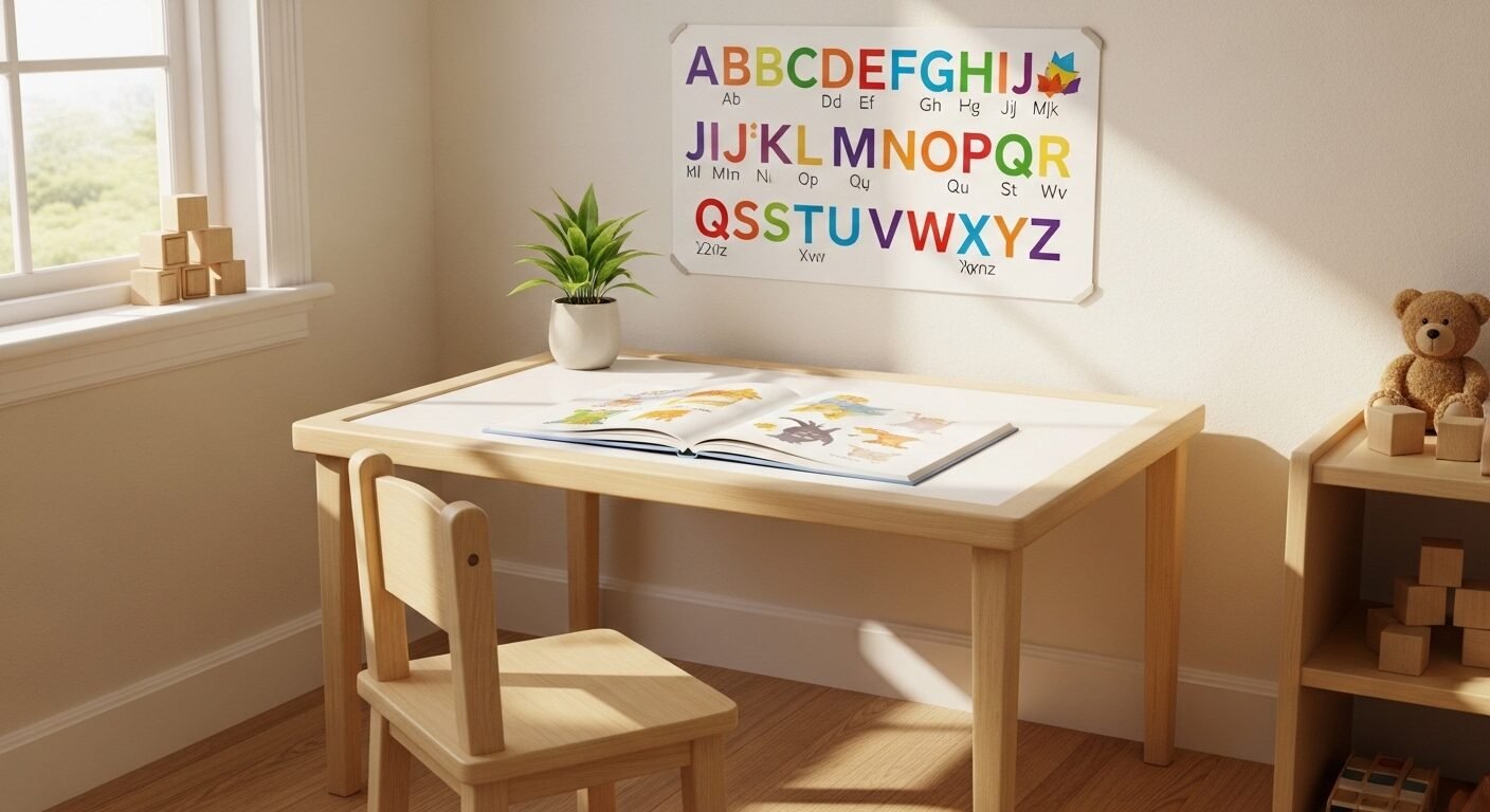 Góc học tập trẻ em sáng đẹp với bàn ghế gỗ nhỏ, sách tranh mở và bảng chữ cái màu sắc nổi bật trên tường, gợi ý cách dạy con học chữ chuẩn bị vào lớp 1 hiệu quả.