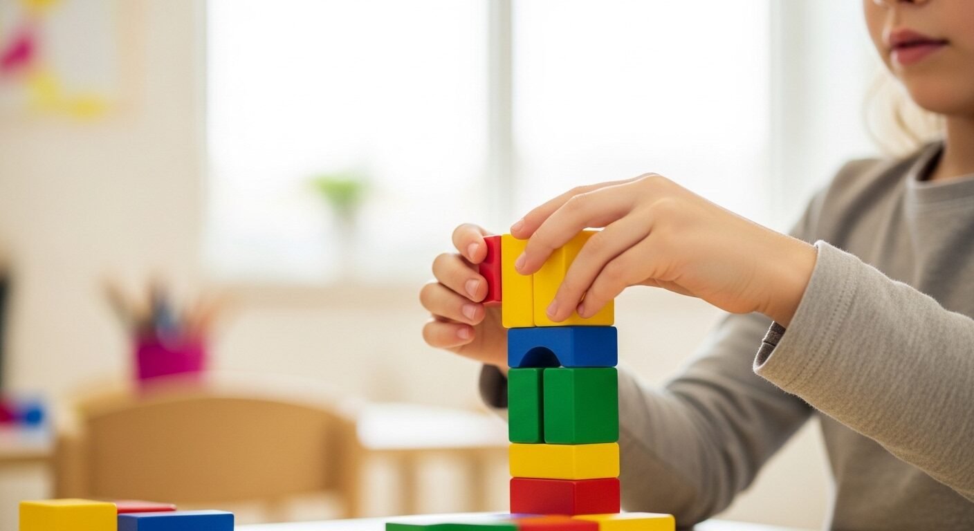 Tay bé cẩn thận xếp khối màu trên bàn học, minh họa môi trường vui chơi giúp bé không sợ đi học trong lớp.