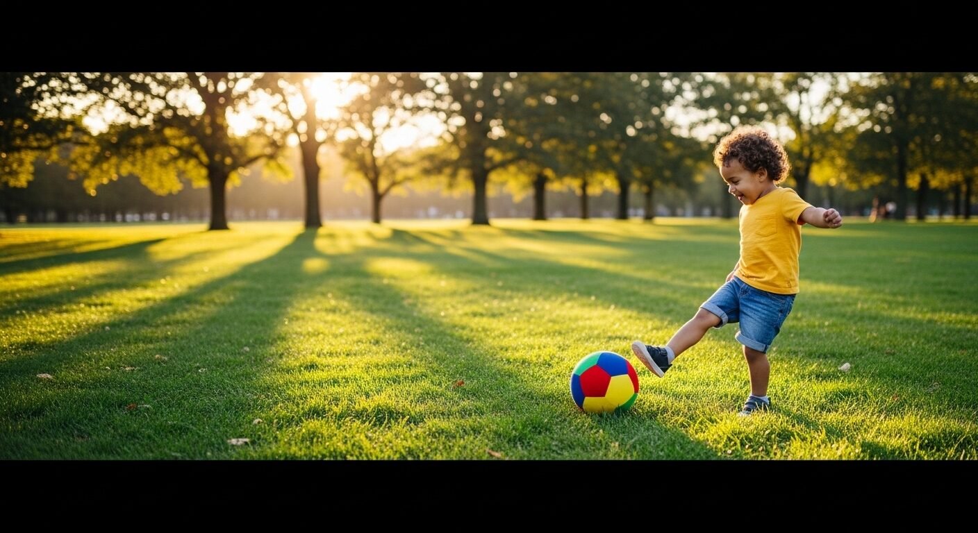 Bé 3 tuổi năng động đá bóng trên sân cỏ công viên đầy nắng. Hình ảnh gợi mở về cách dạy trẻ 3 tuổi không nghe lời thông qua các hoạt động vui chơi và kiên nhẫn. Bé 3 tuổi năng động đá bóng trên sân cỏ công viên đầy nắng. Hình ảnh gợi mở về cách dạy trẻ 3 tuổi không nghe lời thông qua các hoạt động vui chơi và kiên nhẫn.