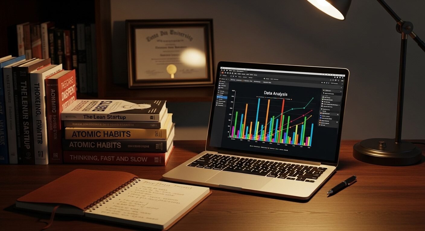 Bàn học chuyên nghiệp với laptop hiển thị phân tích dữ liệu, sách phát triển chuyên môn và bằng cấp, tượng trưng cho thành công sự nghiệp trong các ngành học lương cao.