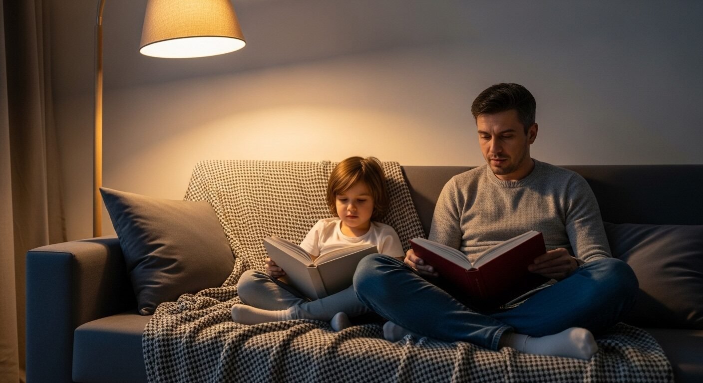 Phụ huynh và con chăm chú đọc sách trên sofa ấm cúng dưới ánh đèn vàng. Tạo môi trường đọc sách là cách dạy con học giỏi và phát triển tư duy hiệu quả. Phụ huynh và con chăm chú đọc sách trên sofa ấm cúng dưới ánh đèn vàng. Tạo môi trường đọc sách là cách dạy con học giỏi và phát triển tư duy hiệu quả.