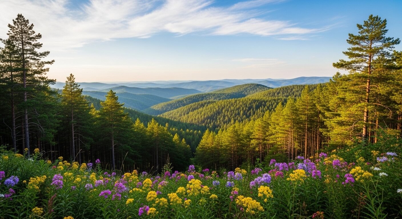 Toàn cảnh rừng thông xanh mướt dưới ánh sáng tự nhiên, với hoa dại rực rỡ ở tiền cảnh. Các cụm hoa này, tựa như thành phần biệt lập trong tiếng Việt, nổi bật tạo điểm nhấn sống động cho khung cảnh yên bình.