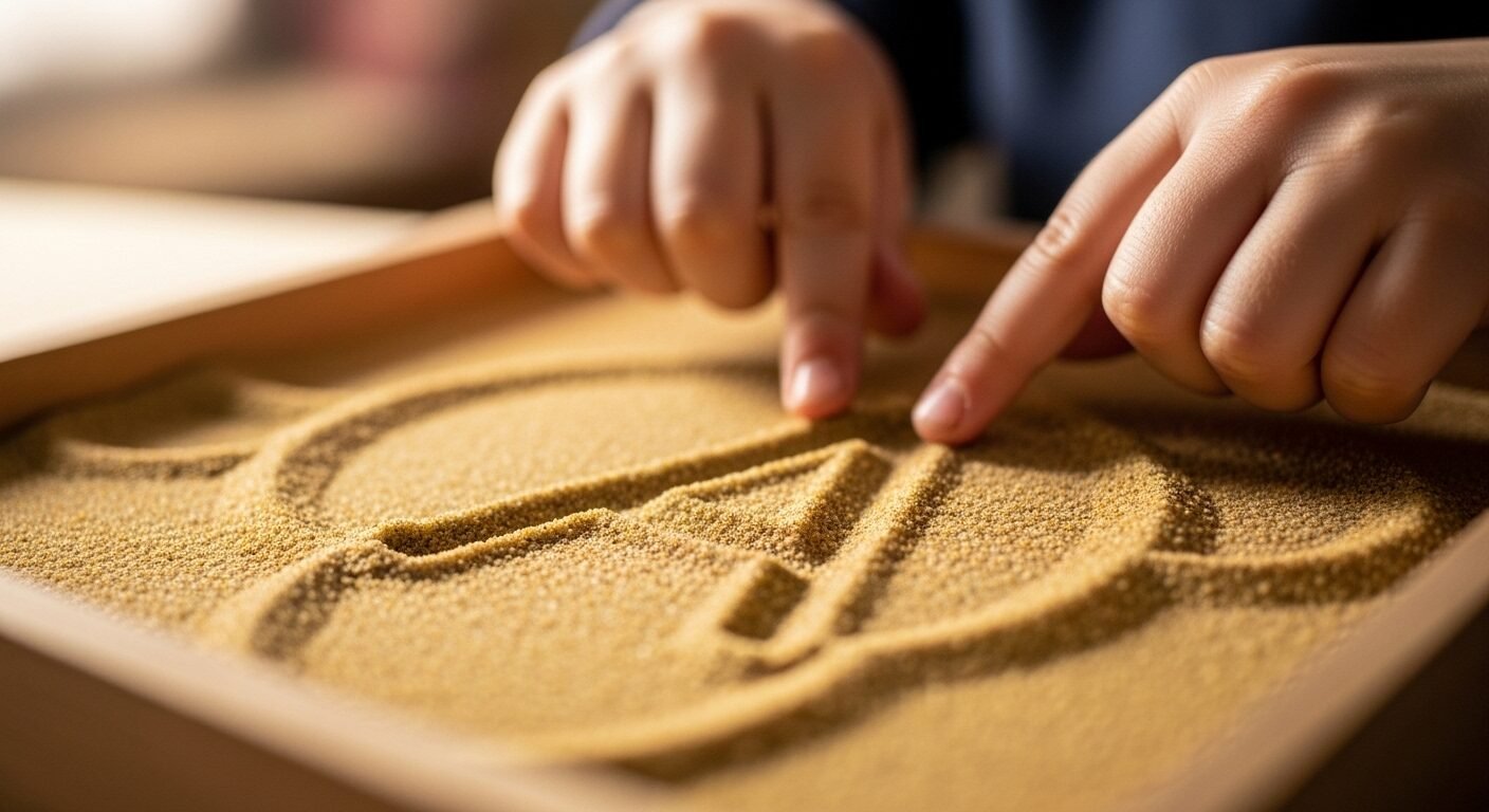 Bàn tay trẻ em vẽ chữ 'A' trên cát vàng mịn, minh họa cách dạy trẻ lớp 1 đánh vần hiệu quả qua phương pháp học cảm quan.