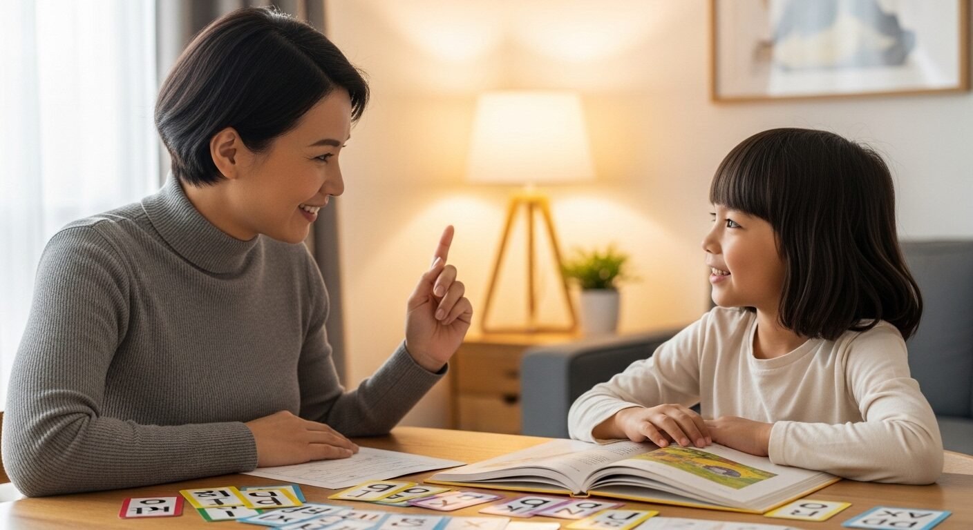 Phụ huynh đang mỉm cười, động viên bé 5 tuổi học tiếng Anh tại nhà trong không khí ấm áp, thể hiện cách dạy trẻ học tiếng Anh hiệu quả và vui vẻ.