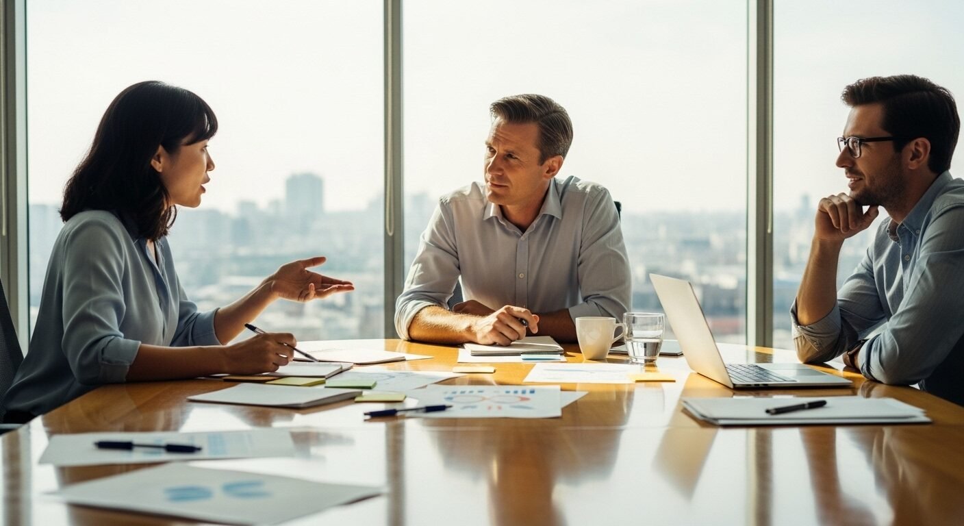 Ba đồng nghiệp đang thảo luận sôi nổi quanh bàn họp tròn trong văn phòng sáng sủa, với giấy tờ và ánh sáng tự nhiên. Một ví dụ sinh động về thì hiện tại tiếp diễn trong môi trường làm việc.