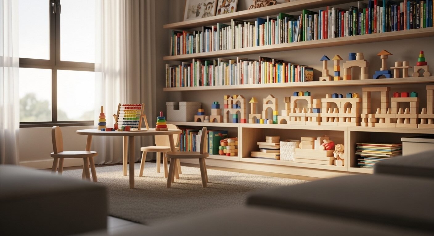 Khu vực vui chơi và học tập gọn gàng cho bé tại nhà, với kệ sách thấp đầy sách màu sắc và khối gỗ xếp hình. Ánh sáng tự nhiên mềm mại qua cửa sổ tạo không gian lý tưởng để áp dụng cách giúp con ham học 1-3 tuổi.