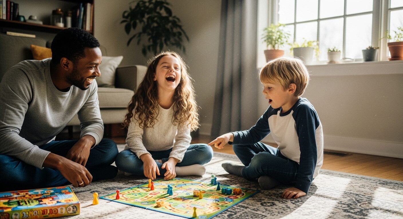 Gia đình ba người (cha mẹ và hai con) cười rạng rỡ, tận hưởng trò board game đầy màu sắc trên thảm. Niềm vui chung này thể hiện tinh thần chơi hết mình, nơi đôi khi việc không nên nhường con lại tạo ra những khoảnh khắc đáng nhớ và bài học giá trị.