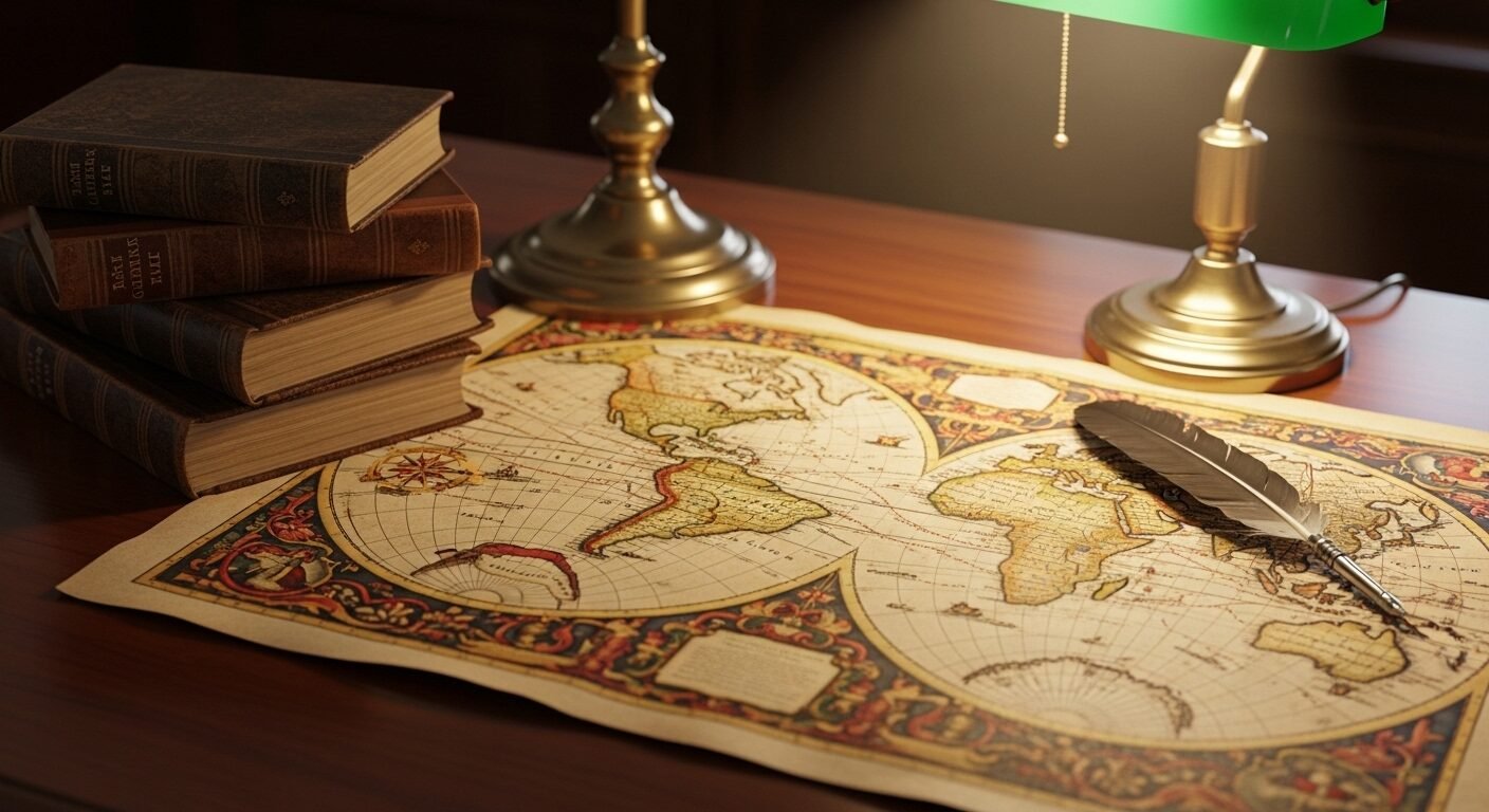 Không gian nghiên cứu lịch sử với bản đồ thế giới cổ, chồng sách bìa da và bút lông ngỗng dưới ánh đèn dịu, gợi không khí tìm hiểu sâu về các sự kiện và nhân vật quan trọng như trong tiểu sử Đại tướng Võ Nguyên Giáp.