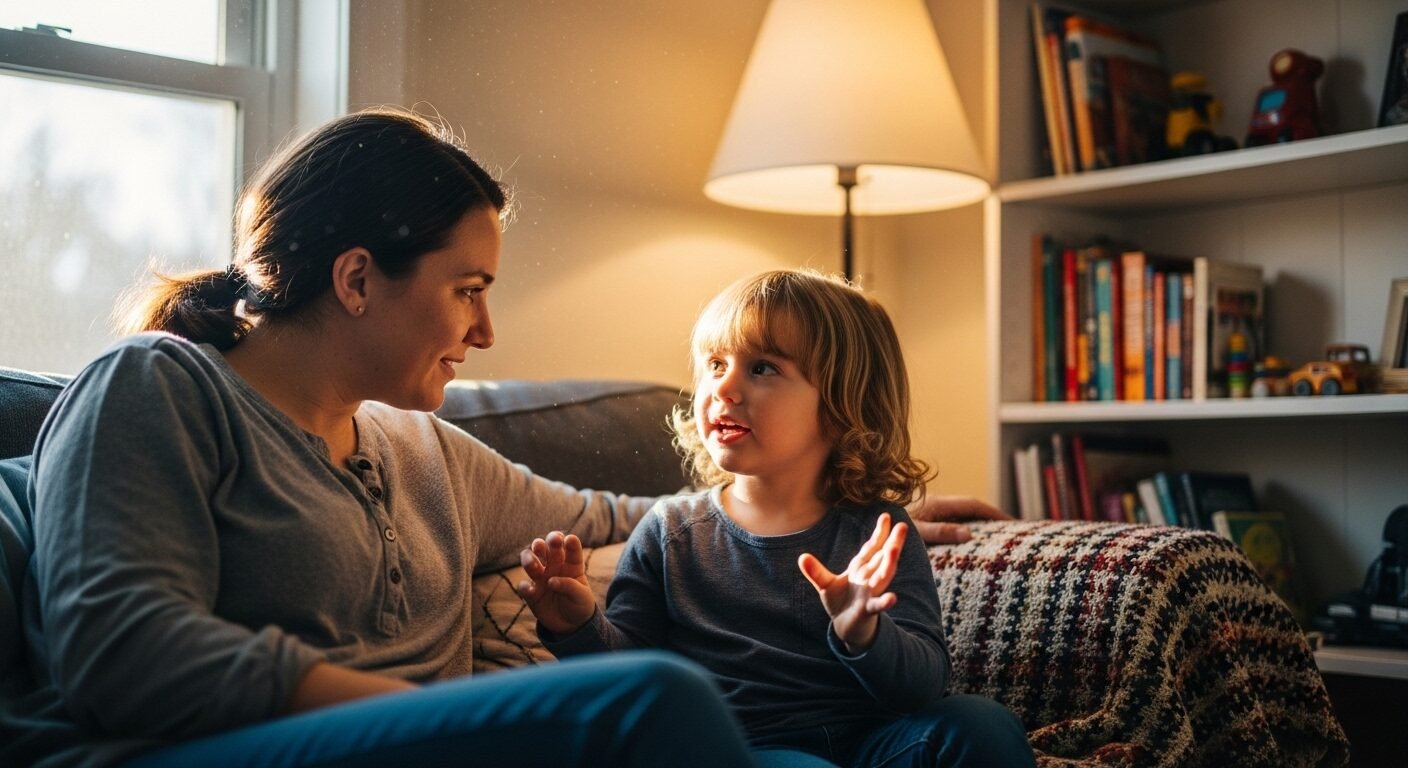 Cha mẹ ân cần lắng nghe trẻ mầm non trò chuyện thân mật, hỗ trợ con khắc phục các lỗi phát âm thường gặp ở trẻ mầm non trong môi trường gia đình ấm cúng.