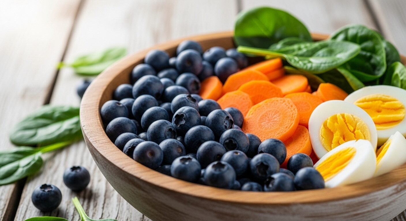 Bát thực phẩm bổ mắt đầy màu sắc với việt quất, cà rốt, rau bina và trứng luộc. Giúp bảo vệ thị lực, giảm thiểu tác hại ánh sáng xanh cho trẻ.