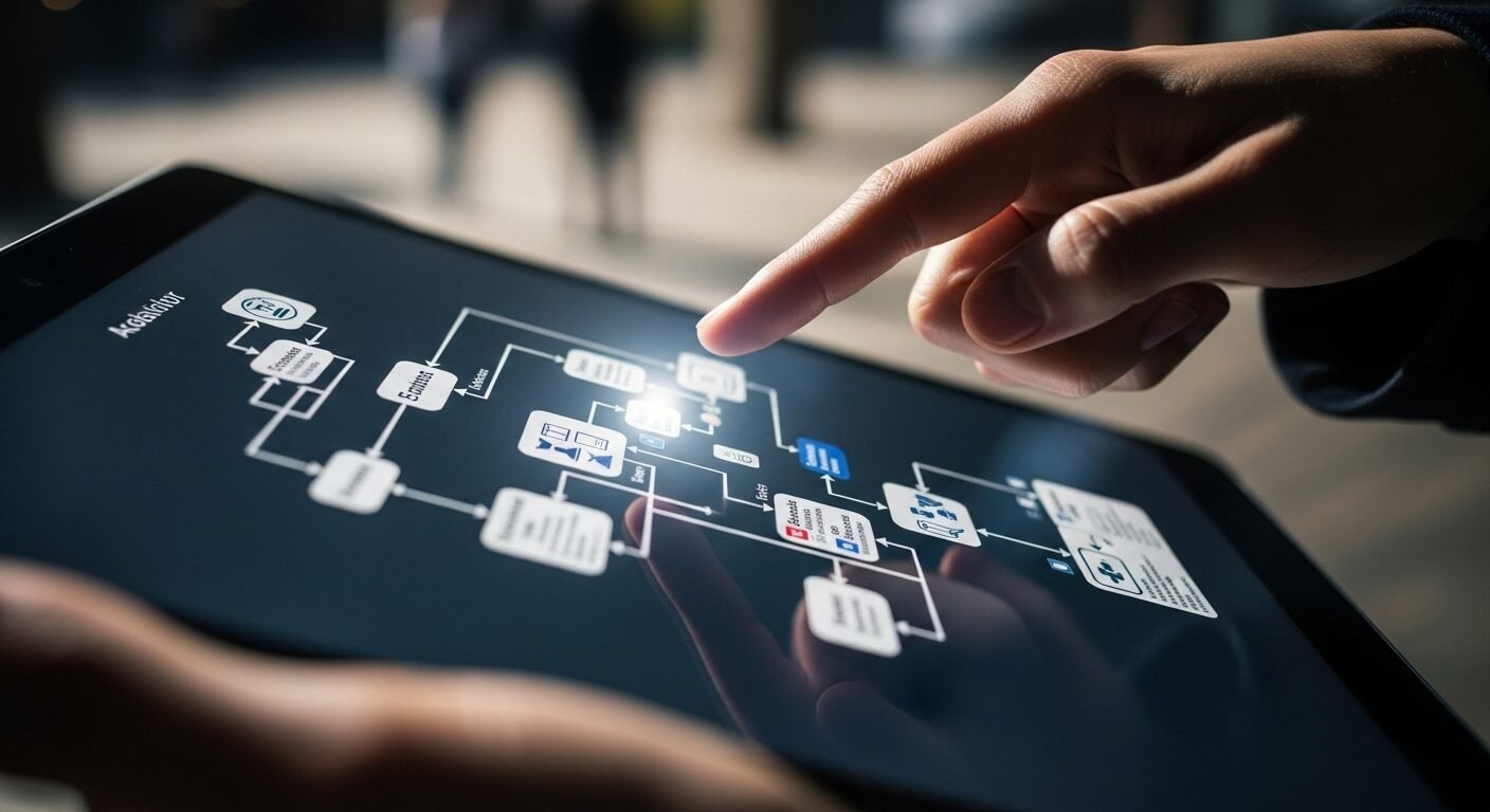 Tay sinh viên đang chỉ vào sơ đồ định hướng học tập và quy trình xét tuyển trên màn hình máy tính bảng, minh họa rõ các tiêu chí như điểm sàn, ngưỡng xét tuyển, điểm chuẩn. Tay sinh viên đang chỉ vào sơ đồ định hướng học tập và quy trình xét tuyển trên màn hình máy tính bảng, minh họa rõ các tiêu chí như điểm sàn, ngưỡng xét tuyển, điểm chuẩn.