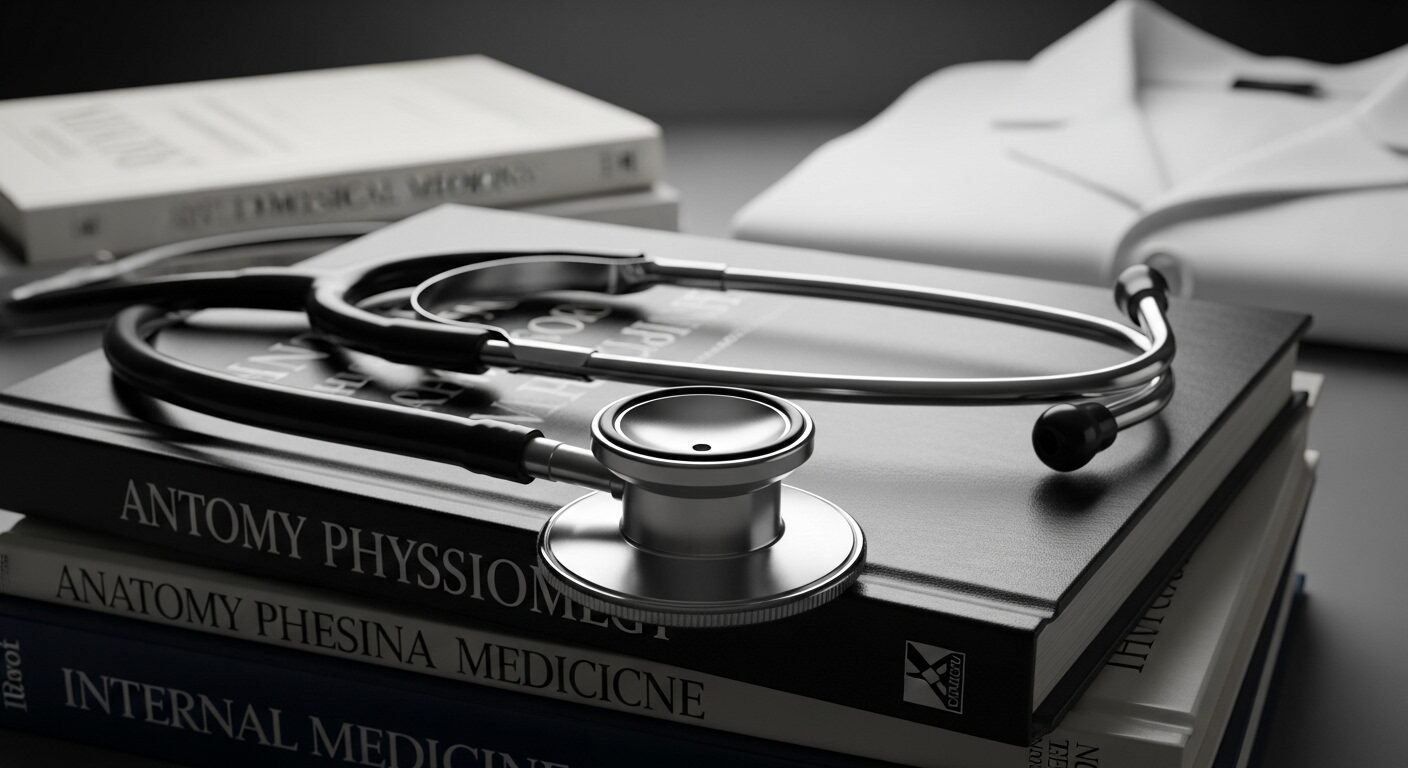 Ống nghe bạc sáng bóng trên chồng sách y khoa và áo blouse trắng, tượng trưng cho con đường y học chuyên nghiệp. Tìm hiểu về học phí Trường Đại học Y khoa Phạm Ngọc Thạch và cơ hội theo đuổi ước mơ.