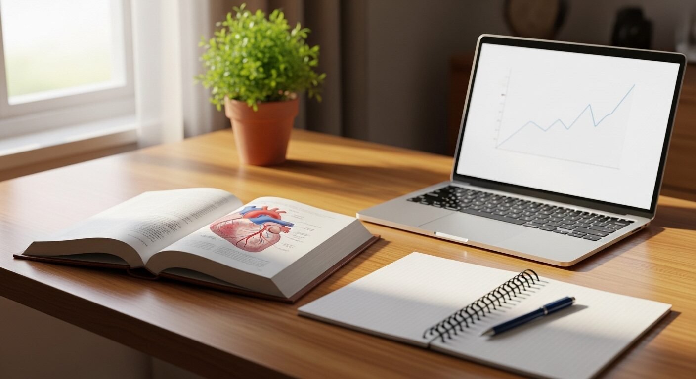 Bàn làm việc gỗ gọn gàng với sách, laptop và cây xanh, không gian lý tưởng để trau dồi kiến thức, chuẩn bị tốt nhất cho việc xin việc khi chưa có kinh nghiệm.