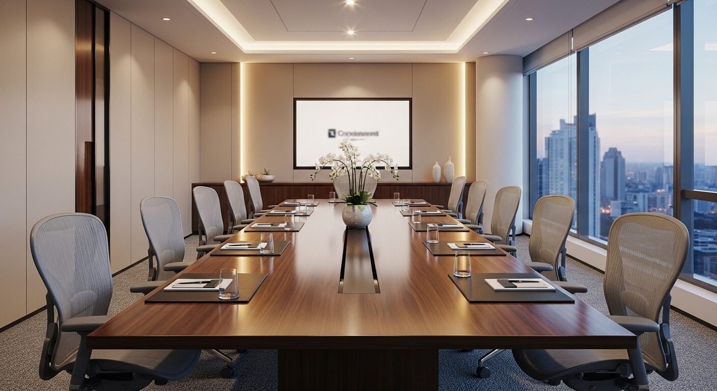 Nội thất văn phòng hiện đại, chuyên nghiệp với bàn hội nghị bóng loáng và ghế gọn gàng, lý tưởng cho một buổi phỏng vấn quan trọng. Nắm vững Cách trả lời phỏng vấn khi chưa có kinh nghiệm để tự tin.