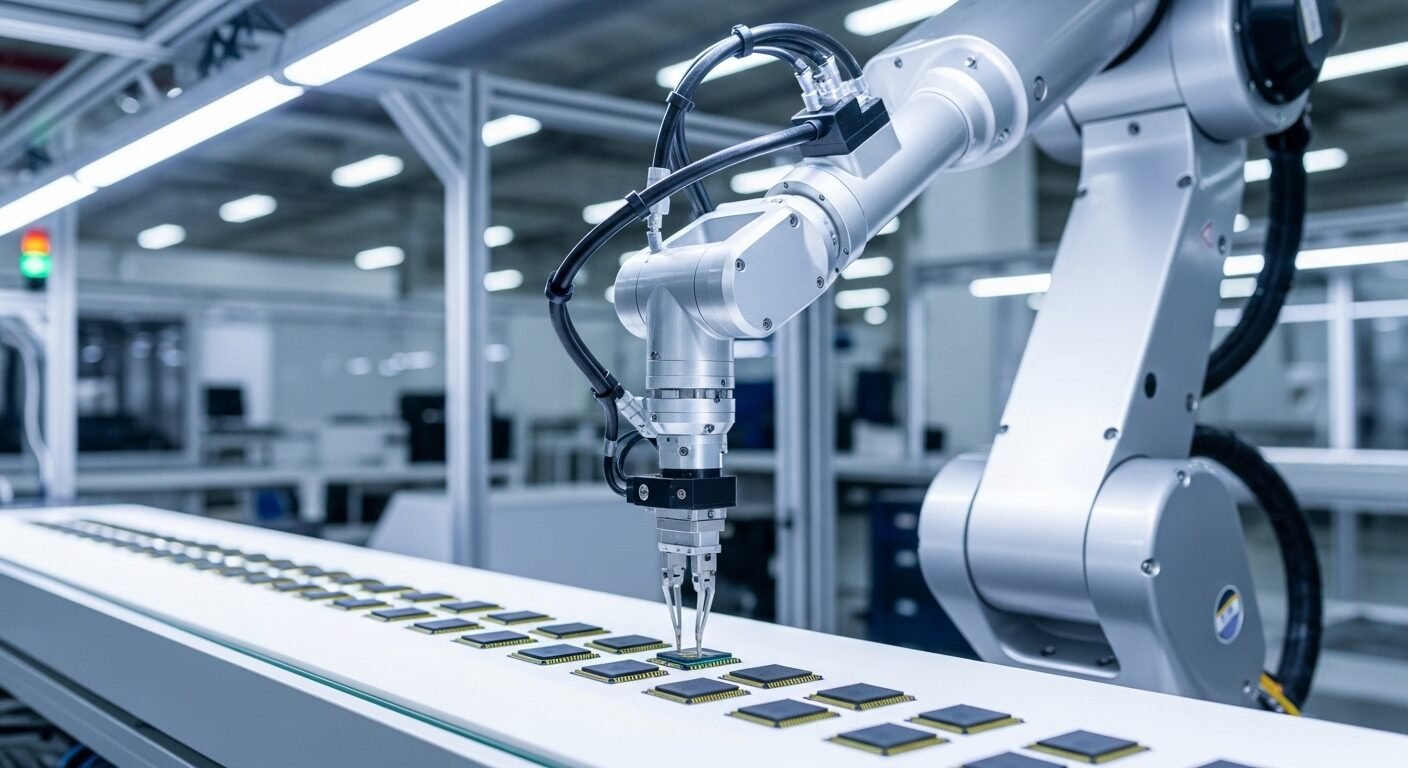 Cánh tay robot công nghiệp hiện đại, chính xác sắp xếp linh kiện điện tử trên dây chuyền trắng sáng, minh họa sự thay đổi trong ngành nghề bị ảnh hưởng bởi AI. Cánh tay robot công nghiệp hiện đại, chính xác sắp xếp linh kiện điện tử trên dây chuyền trắng sáng, minh họa sự thay đổi trong ngành nghề bị ảnh hưởng bởi AI.