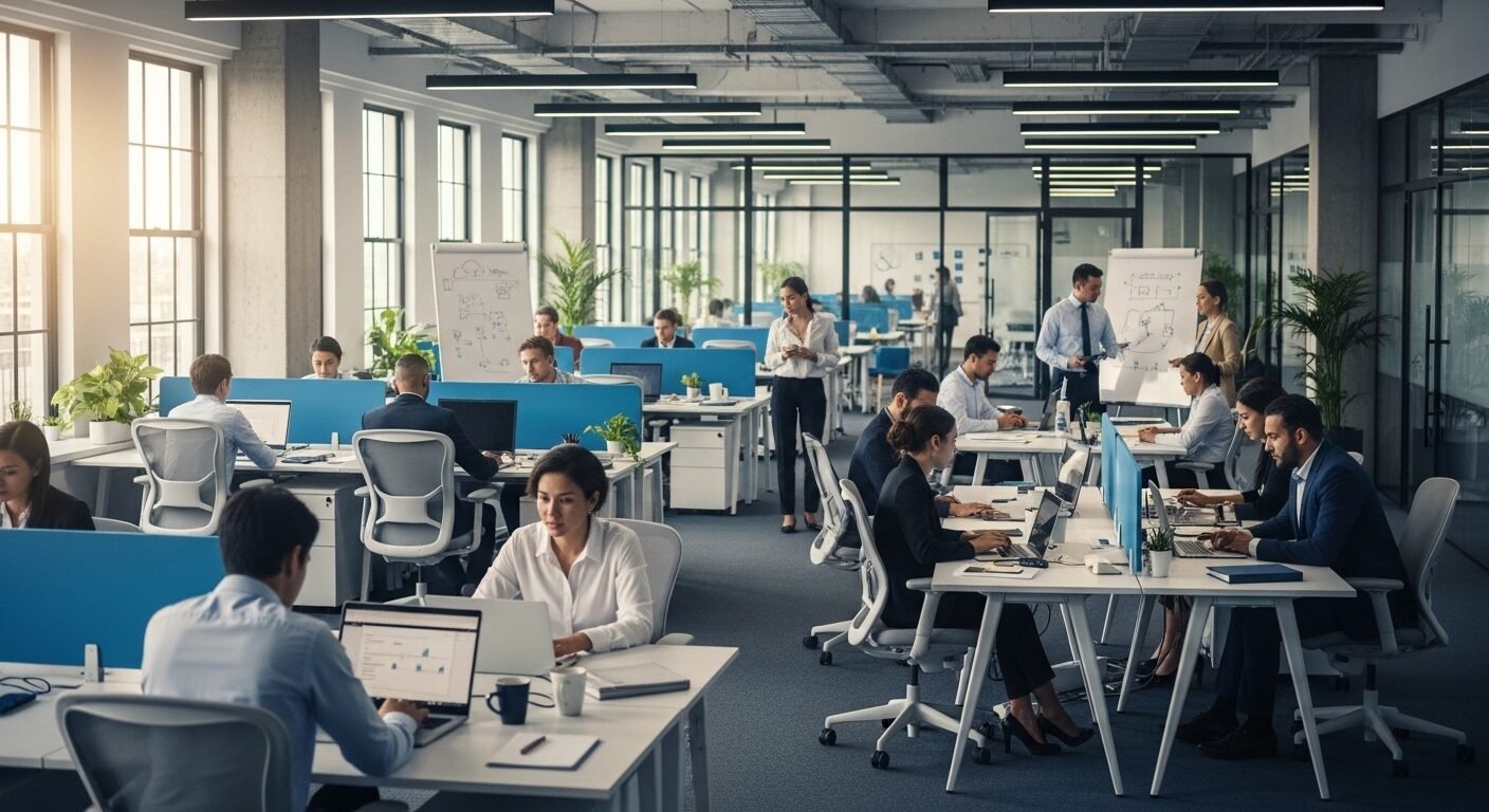 Văn phòng mở hiện đại, tràn ngập ánh sáng tự nhiên, nơi các chuyên gia và quản trị viên tập sự đang làm việc và thảo luận trong môi trường quốc tế chuyên nghiệp.