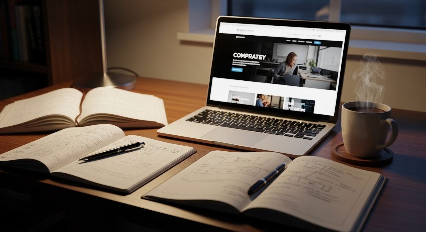 Không gian làm việc tại nhà ngăn nắp với laptop hiển thị website công ty, sổ tay và bút dưới ánh đèn tập trung, lý tưởng để bạn nghiên cứu và nắm vững cách trả lời phỏng vấn chuyên nghiệp. Không gian làm việc tại nhà ngăn nắp với laptop hiển thị website công ty, sổ tay và bút dưới ánh đèn tập trung, lý tưởng để bạn nghiên cứu và nắm vững cách trả lời phỏng vấn chuyên nghiệp.