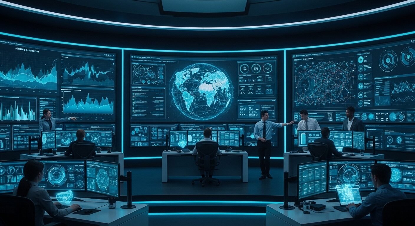 Trung tâm điều khiển công nghệ cao với chuyên gia giám sát AI và năng lượng bền vững, minh họa tiềm năng nghề nghiệp khi chọn ngành đại học.