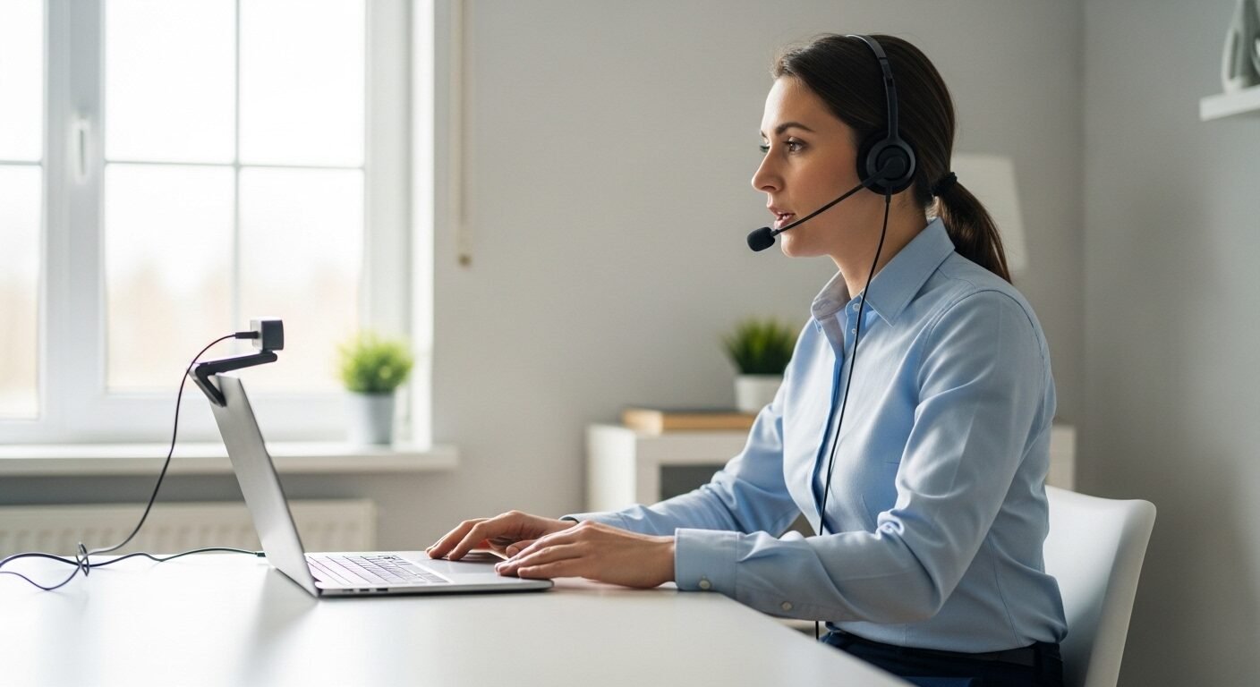 Người chuyên nghiệp luyện tập phỏng vấn online qua laptop, đeo tai nghe trong không gian sáng sủa. Minh họa cách trả lời phỏng vấn tiếng Anh tự tin. Người chuyên nghiệp luyện tập phỏng vấn online qua laptop, đeo tai nghe trong không gian sáng sủa. Minh họa cách trả lời phỏng vấn tiếng Anh tự tin.