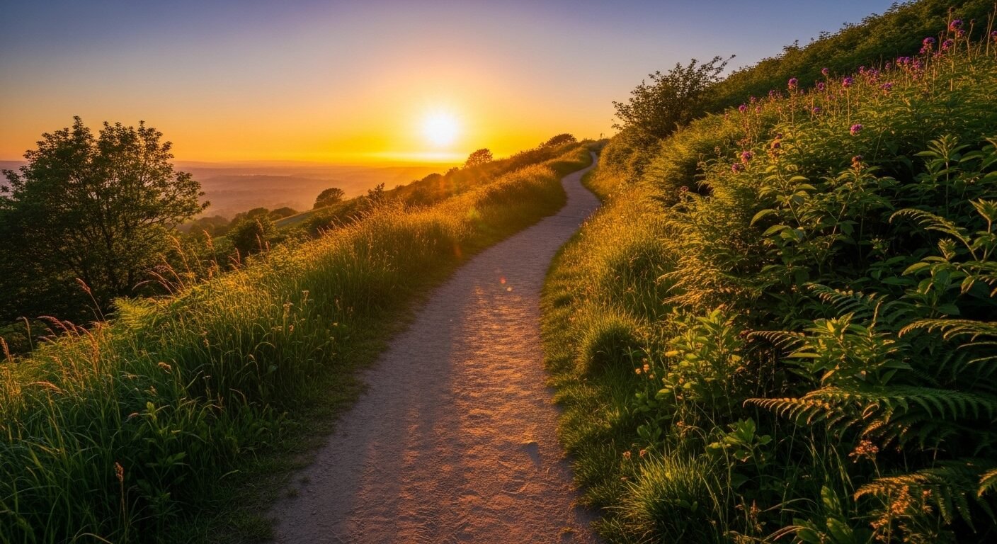 Con đường mòn uốn lượn lên đồi dưới ánh hoàng hôn vàng rực, dẫn tới chân trời rộng mở. Một khung cảnh đẹp như từ một phim truyền cảm hứng về hành trình và hy vọng.