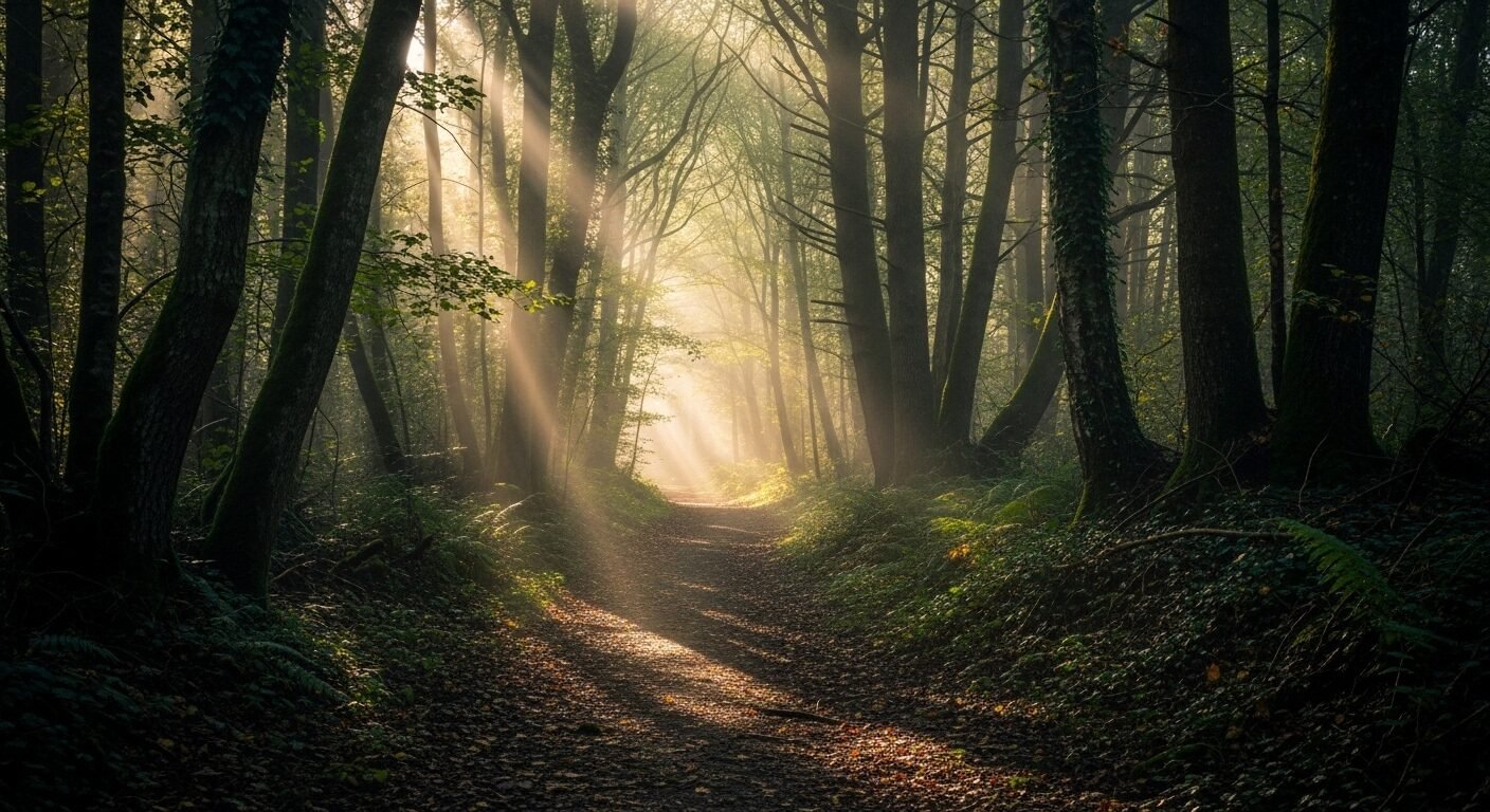 Con đường quanh co xuyên rừng sương mù dần hé lộ khoảng sáng rực rỡ, minh họa hành trình vượt qua mơ hồ bằng tư duy phản biện để đạt đến sự sáng tỏ.