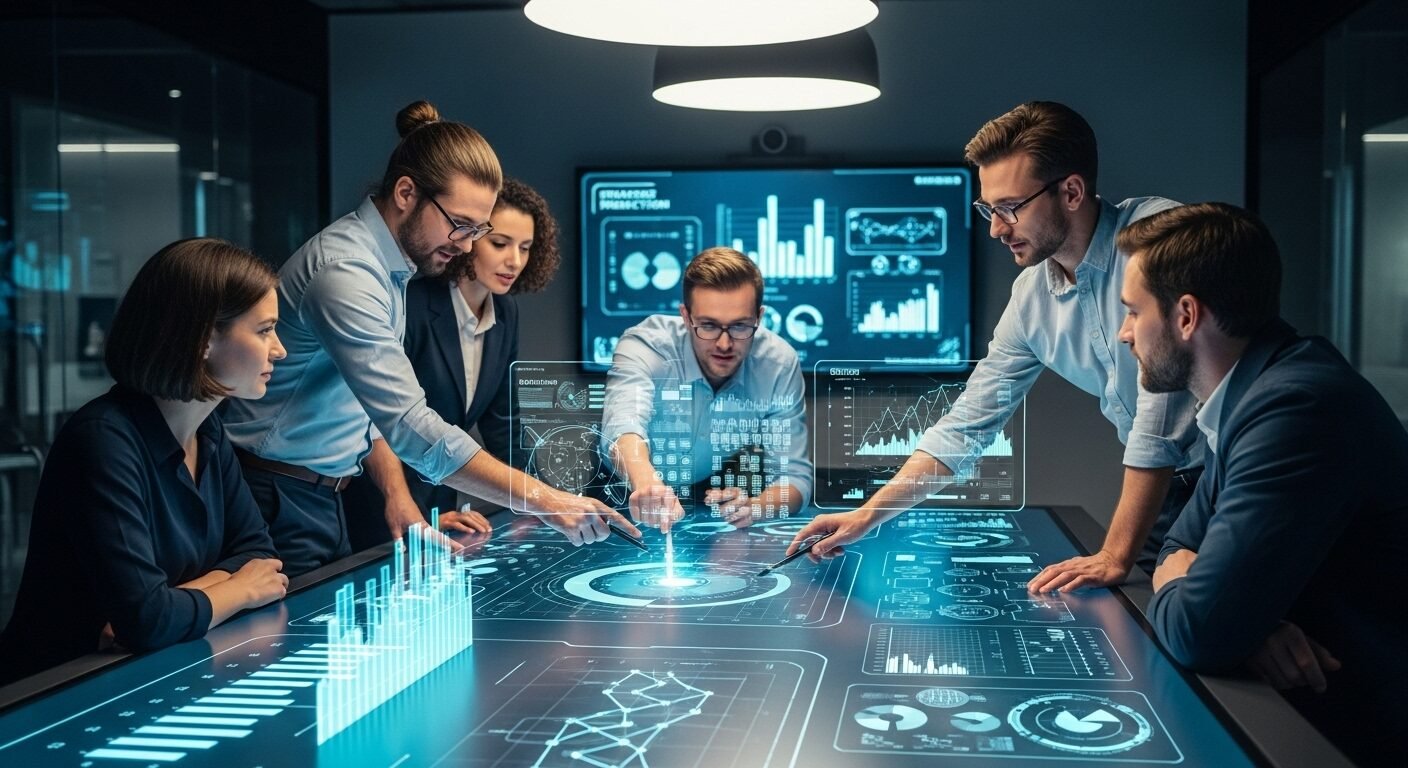 Đội ngũ đa dạng thảo luận, ra quyết định chiến lược quanh bàn kỹ thuật số hiển thị dữ liệu phức tạp, minh họa cụ thể Năng lực số là gì trong kỷ nguyên chuyển đổi số.