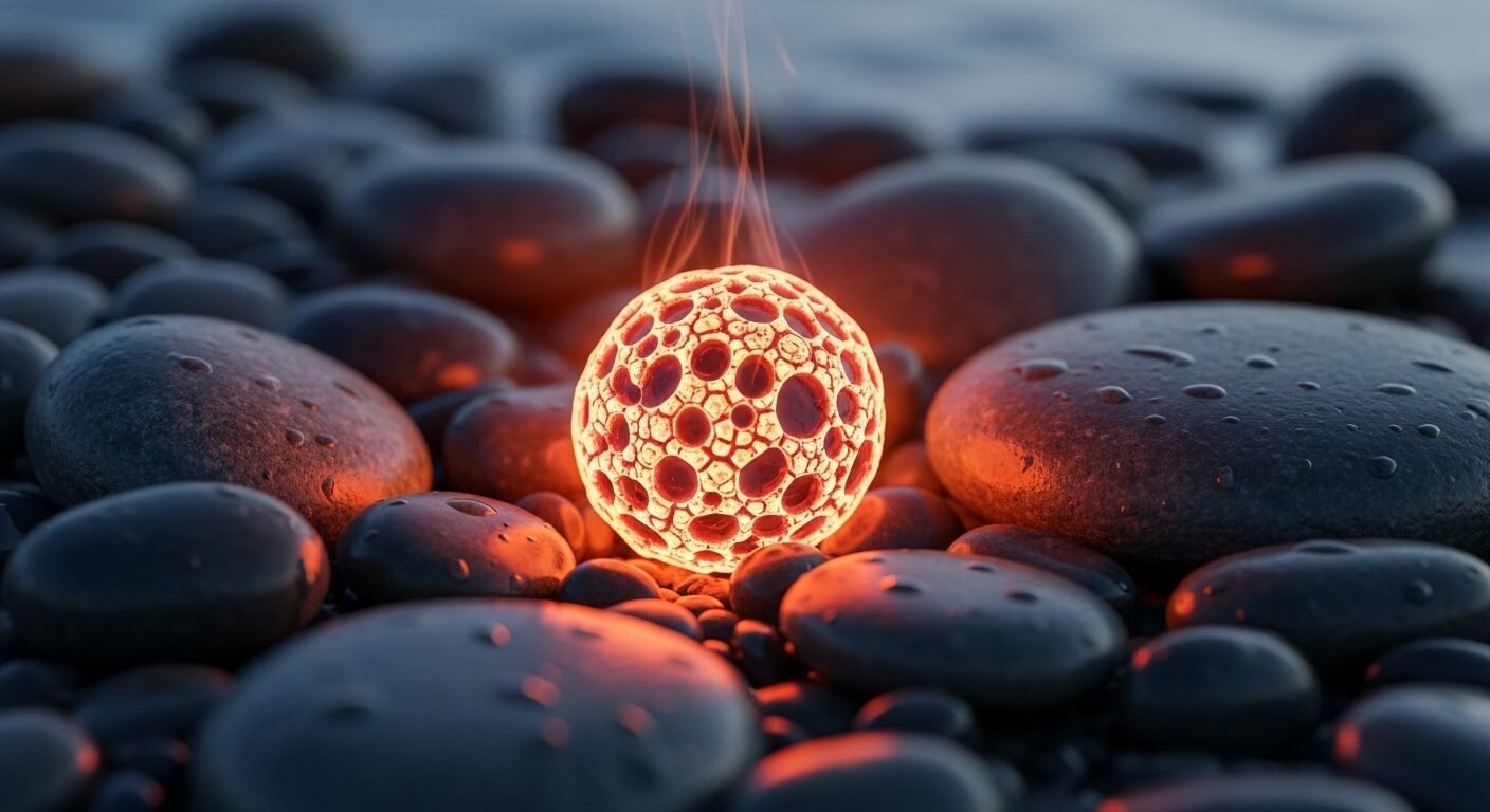 Cục than hồng phát sáng dịu nhẹ trên đá sông tối, một câu nói tạo động lực bằng hình ảnh về hy vọng và sức mạnh nội tâm.