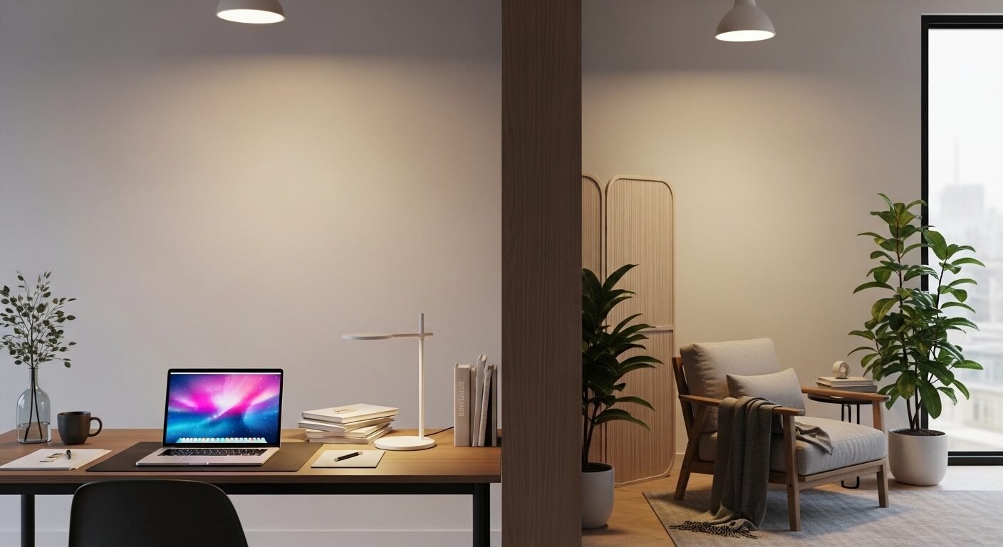 Không gian sống lý tưởng minh họa Work-life balance là gì với bàn làm việc tối giản gọn gàng và góc đọc sách thư giãn riêng biệt, được ngăn cách tinh tế.