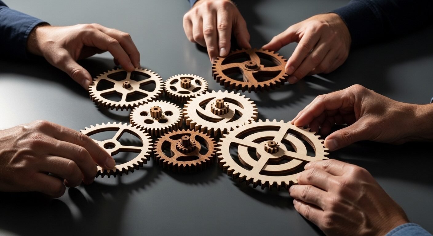 Cận cảnh nhiều bàn tay người lớn đang phối hợp đặt từng mảnh bánh răng gỗ để hoàn thiện một cơ chế phức tạp, minh họa kỹ năng làm việc nhóm hiệu quả.