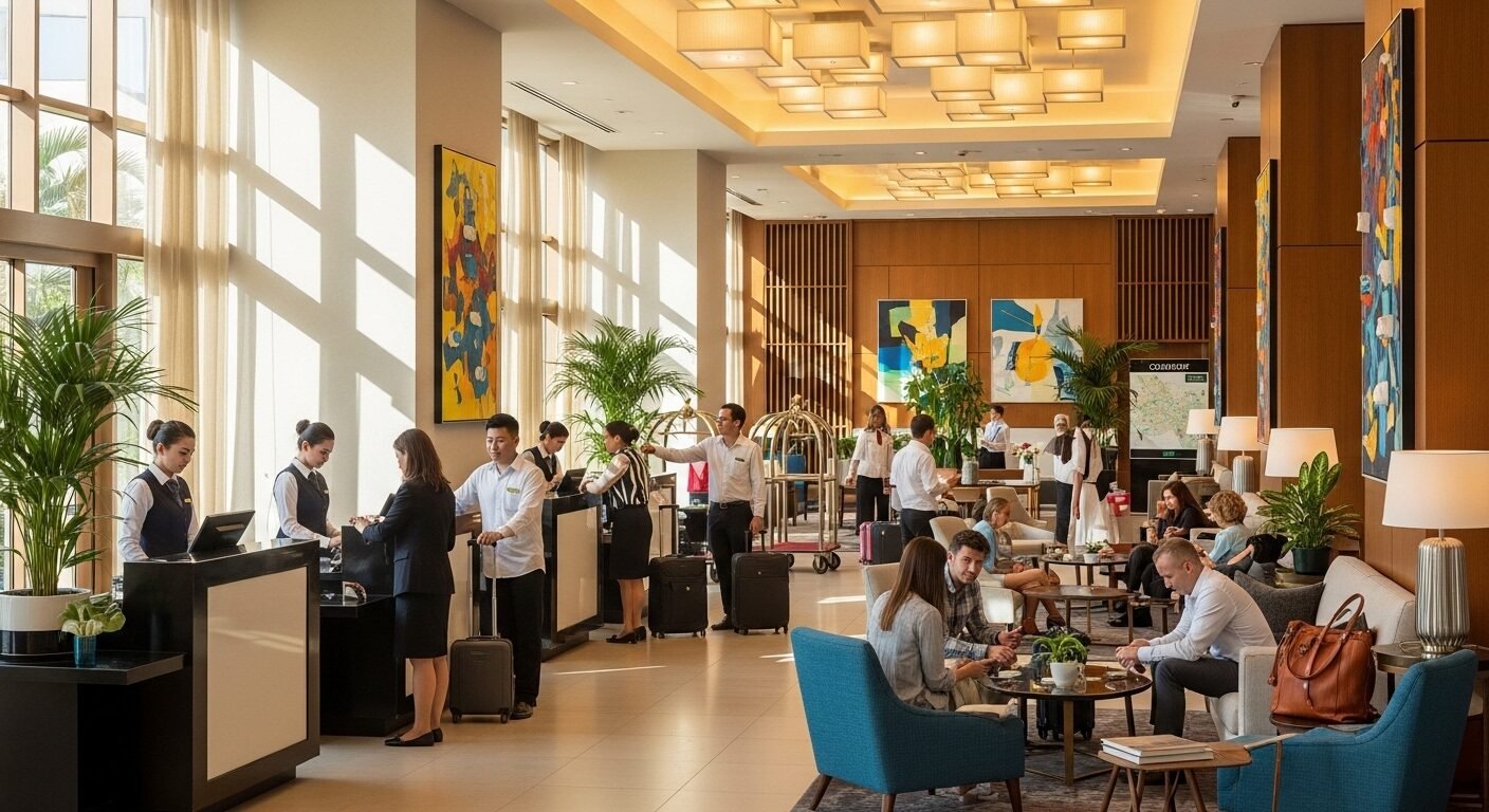 Khung cảnh sảnh khách sạn sang trọng, sôi động trong mùa du lịch cao điểm, nơi đội ngũ nhân viên tận tình hỗ trợ khách, phản ánh nhu cầu cao về việc làm thời vụ. Khung cảnh sảnh khách sạn sang trọng, sôi động trong mùa du lịch cao điểm, nơi đội ngũ nhân viên tận tình hỗ trợ khách, phản ánh nhu cầu cao về việc làm thời vụ.