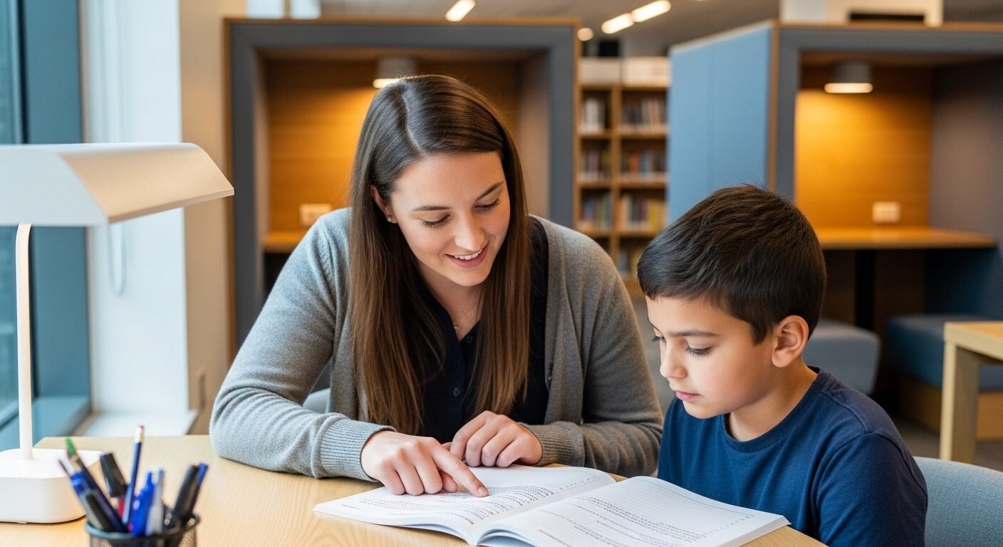 Sinh viên nữ kiên nhẫn hướng dẫn học sinh nhỏ giải bài tập tiếng Anh trong sách vở, minh họa cho việc làm part time cho sinh viên sử dụng tiếng Anh.