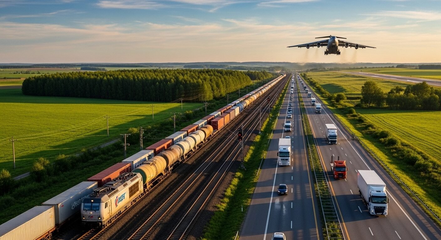 tàu hỏa, xe tải, máy bay, minh họa năng lực vận chuyển hiệu quả của các công ty logistics tại Việt Nam.