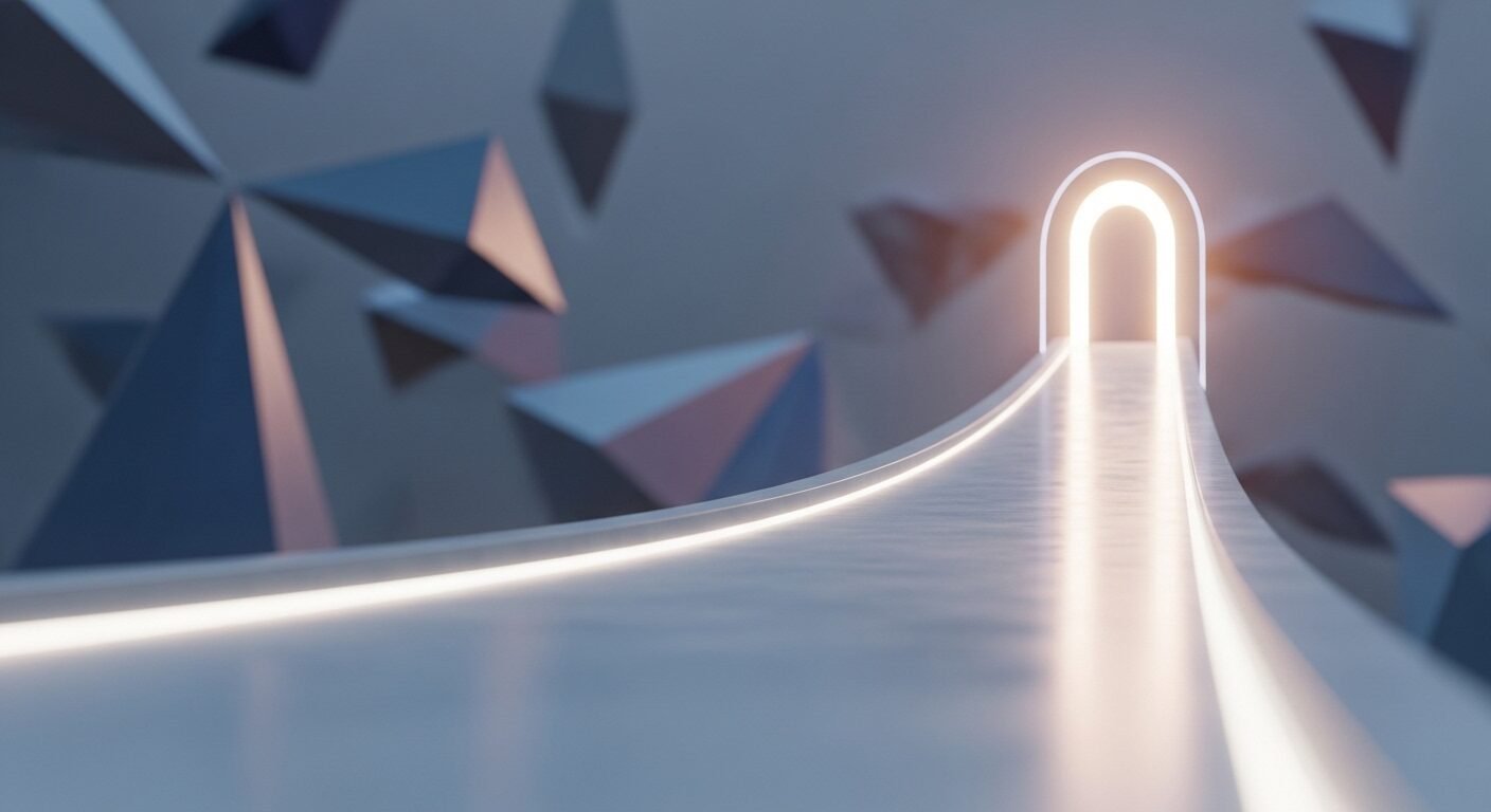 Con đường sự nghiệp cong vút hướng tới vòm sáng, tượng trưng cho cơ hội thăng tiến vượt bậc tại ngân hàng có môi trường làm việc tốt nhất.