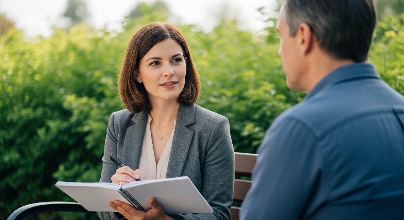 Cộng tác viên báo chí chuyên nghiệp ghi chép vào sổ trong cuộc thảo luận tập trung tại công viên dưới ánh sáng ban ngày, hậu cảnh cây xanh mờ.