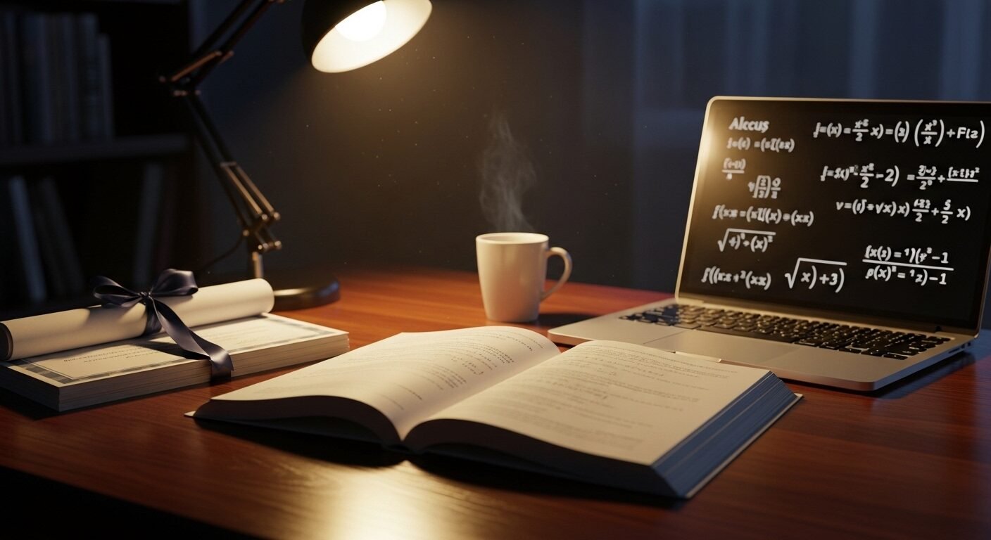 Góc học tập ngăn nắp với sách giáo trình mở, laptop hiển thị phương trình và các chứng chỉ, minh họa sự chuẩn bị kỹ lưỡng cho tuyển sinh Đại học Bách khoa Hà Nội 2026.