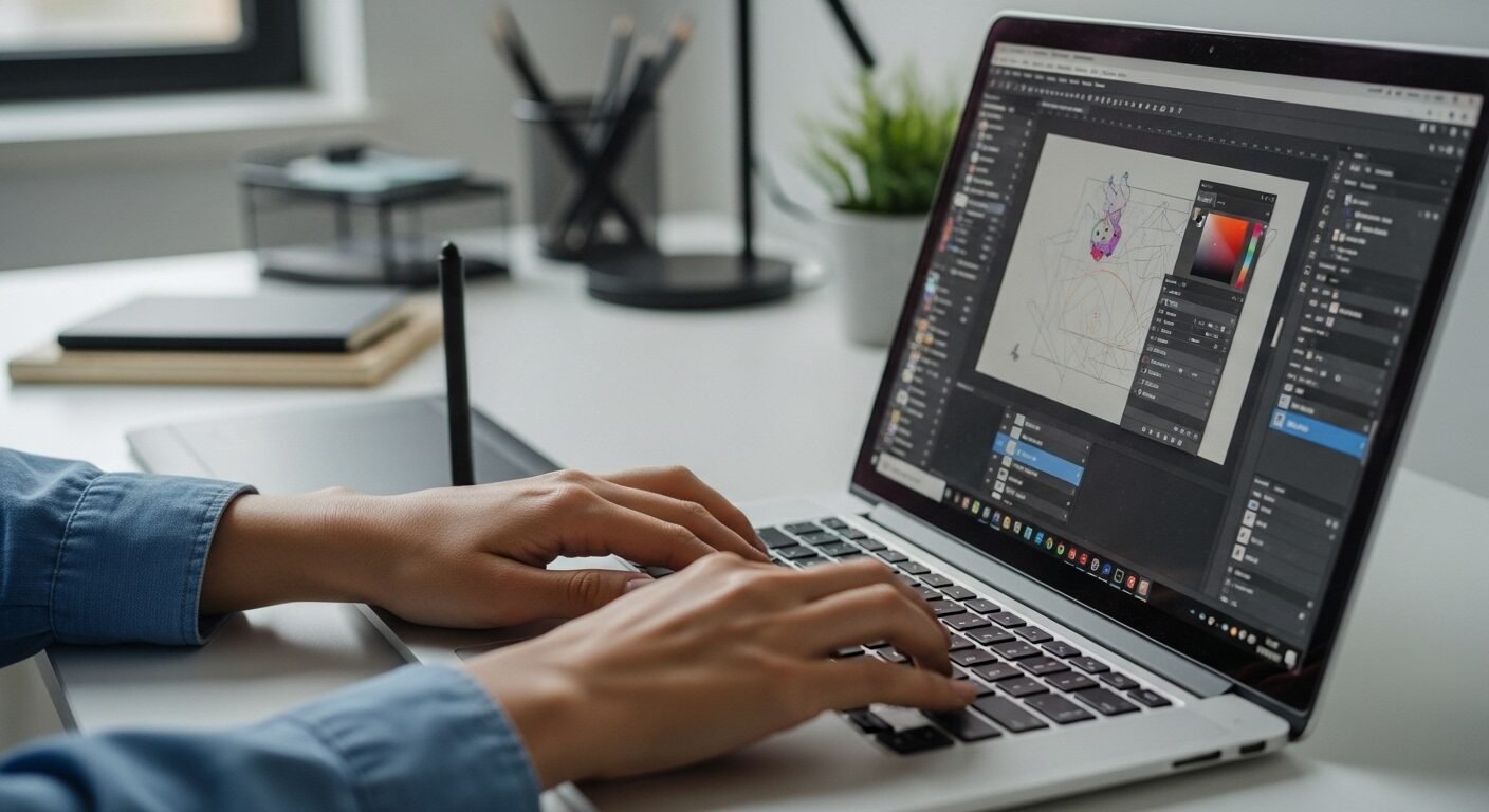 Bàn tay sinh viên thao tác trên laptop với phần mềm thiết kế và bảng vẽ điện tử, hình ảnh lý tưởng cho công việc làm thêm tại nhà không mất phí cho sinh viên.