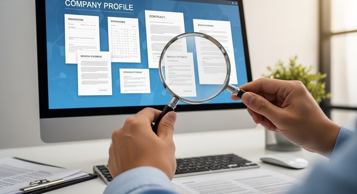 Cận cảnh tay dùng kính lúp soi kỹ hồ sơ công ty trên màn hình máy tính, minh họa cách phòng tránh lừa đảo tuyển dụng thông qua việc xác minh kỹ lưỡng thông tin.