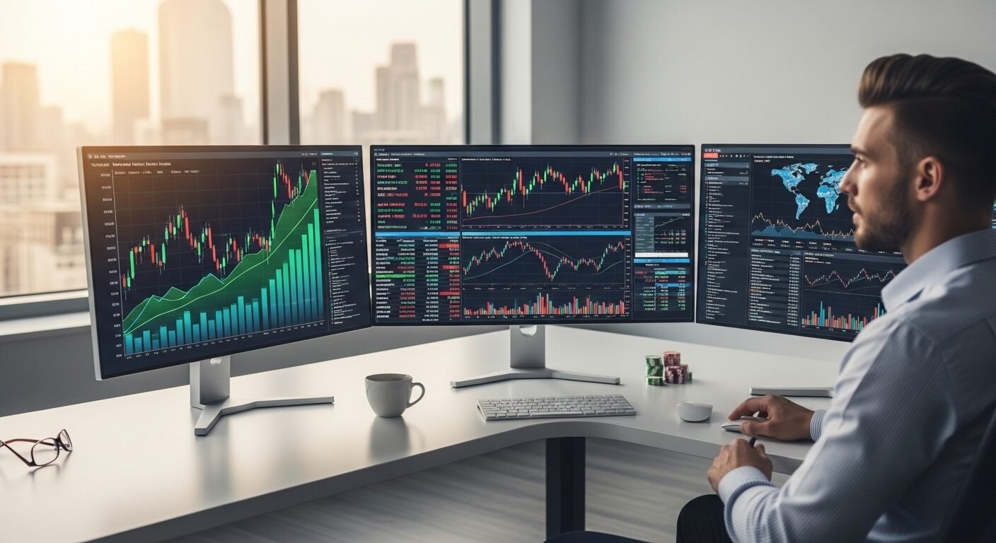 Chuyên gia tài chính tại bàn, tập trung phân tích dữ liệu thị trường chứng khoán, biểu đồ tài chính và báo cáo công ty trên nhiều màn hình; công việc cốt lõi của chuyên ngành kinh tế.
