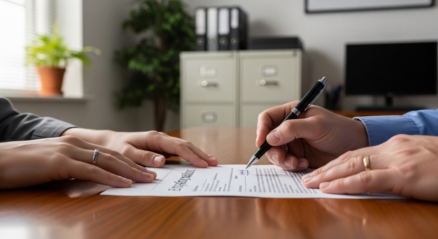 Tay người trẻ ký đơn xin việc, tay người lớn bên cạnh, hoàn thiện hồ sơ xin việc dưới 18 tuổi trên bàn gỗ tại văn phòng.