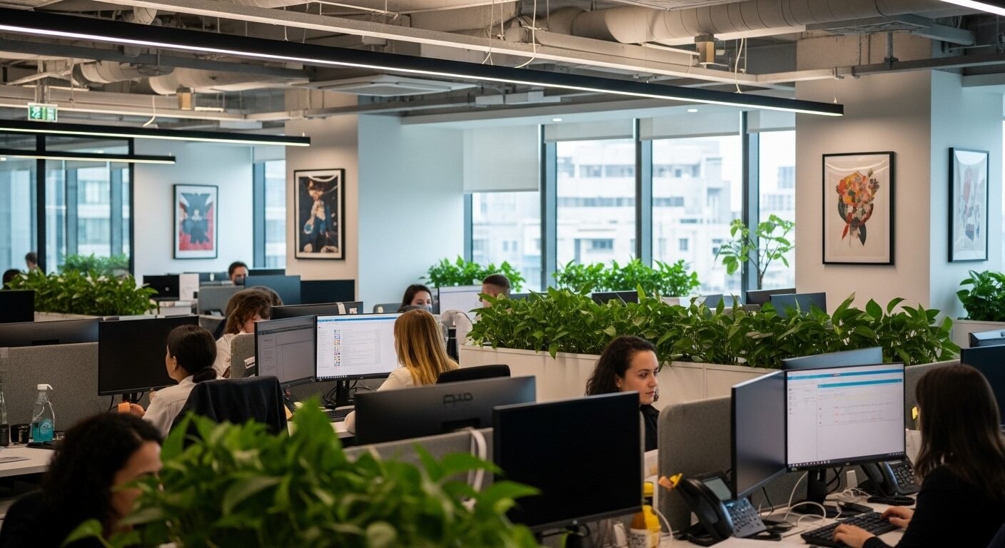 Không gian văn phòng mở hiện đại, sáng sủa ở Hà Nội, với nhiều chuyên gia đang cộng tác. Môi trường làm việc năng động, tiềm năng cho việc làm sinh viên Hà Nội.