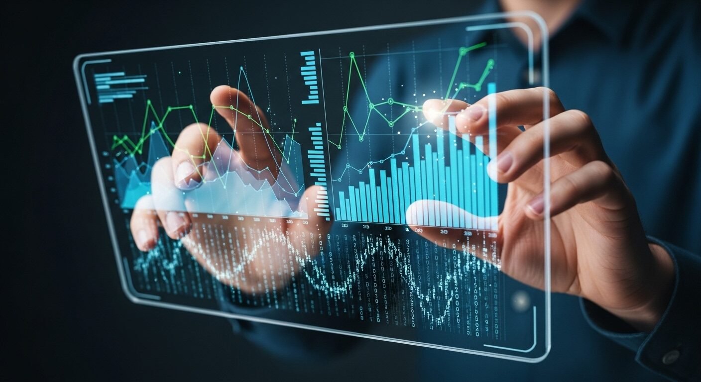 Bàn tay tương tác với màn hình holographic hiển thị biểu đồ, số liệu trong phòng điều khiển công nghệ cao, minh họa việc phân tích các dữ liệu như Mức lương nhân viên Marketing mới ra trường.